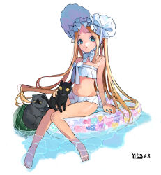 Rule 34 | 1girl, :o, abigail williams (fate), abigail williams (swimsuit foreigner) (fate), absurdres, afloat, bare arms, bare legs, barefoot, bikini, black cat, blonde hair, bonnet, bow, bow bikini, bowtie, cat, caustics, chinese commentary, dated, fate/grand order, fate (series), forehead, full body, hat, hat bow, highres, innertube, legs, long hair, looking at viewer, navel, parted bangs, parted lips, signature, simple background, sitting, soaking feet, solo, swim ring, swimsuit, toes, water, white background, white bikini, white bow, white bowtie, white hat, yuhezi