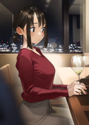 Rule 34 | 1girl, alcohol, blush, brown eyes, brown hair, closed mouth, collarbone, commentary request, compression artifacts, cup, douki-chan (douki-chan), drinking glass, earrings, ganbare douki-chan, grey skirt, highres, holding, holding cup, jewelry, long sleeves, red shirt, shirt, short hair, sidelocks, sitting, skirt, solo, yomu (sgt epper)