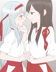 Rule 34 | 10s, 2girls, akagi (kancolle), bad id, bad pixiv id, blush, brown eyes, brown hair, eye contact, female focus, gradient background, grey background, hachimaki, hakama, hand on another&#039;s chin, headband, interlocked fingers, japanese clothes, kantai collection, long hair, looking at another, miko, multiple girls, red hakama, shoukaku (kancolle), silver hair, smile, standing, udon (shiratama), yuri
