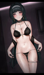 1girl astra_yao beads black_bra black_hair black_panties blush bra breasts choker collarbone earrings female_pubic_hair hairband highres jewelry large_breasts letterboxed long_hair looking_at_viewer navel panties parted_lips pubic_hair red_eyes selcky solo stomach sweat thigh_strap underwear underwear_only very_long_hair white_hairband zenless_zone_zero