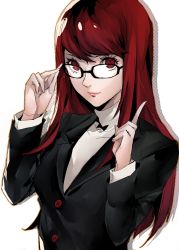 Rule 34 | 1girl, black-framed eyewear, black bow, black jacket, bow, bowtie, buttons, closed mouth, glasses, highres, index finger raised, jacket, lips, long hair, long sleeves, looking at viewer, persona, persona 5, persona 5 the royal, pertex 777, pink lips, red eyes, red hair, school uniform, shirt, shuujin academy school uniform, sidelocks, simple background, solo, spoilers, uniform, white background, white shirt, yoshizawa kasumi