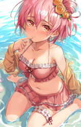 Rule 34 | 1girl, absurdres, assault lily, bare shoulders, barefoot, bikini, breasts, brown jacket, cleavage, commentary request, flower, frilled bikini, frills, hair between eyes, hair flower, hair ornament, hand up, highres, hitotsuyanagi riri, jacket, long sleeves, looking at viewer, medium breasts, michairu, navel, off shoulder, official alternate costume, open clothes, open jacket, pink hair, red eyes, rose, shallow water, sitting, sleeves past wrists, solo, swimsuit, wariza, water, yellow flower, yellow rose