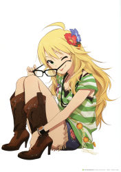 Rule 34 | 1girl, absurdres, ahoge, blonde hair, boots, breasts, cleavage, flower, full body, glasses, green eyes, high heel boots, high heels, highres, hoshii miki, idolmaster, idolmaster (classic), jewelry, long hair, medium breasts, necklace, nishigori atsushi, official art, one eye closed, scan, shorts, solo, tongue, white background, wink