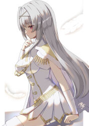 Rule 34 | 1girl, absurdres, arm at side, breasts, capelet, cowboy shot, detached sleeves, falling feathers, feathers, fringe trim, from side, fur-trimmed capelet, fur trim, gold trim, grey hair, hair intakes, hand on own chin, hand up, highres, idoly pride, large breasts, long hair, looking at viewer, pillarboxed, pleated skirt, profile, red eyes, rj edward (artist), shirt, short sleeves, sideways glance, signature, simple background, sitting, skirt, solo, straight hair, tendou rui, thighhighs, thighs, white background, white shirt, white skirt, white sleeves, white thighhighs, yellow capelet, zettai ryouiki