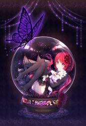 Rule 34 | 1girl, bead curtain, black footwear, black shirt, black skirt, black thighhighs, bug, building, butterfly, butterfly hair ornament, copyright name, flower, frilled skirt, frills, full body, hair flower, hair ornament, high heels, highres, holding, holding flower, in container, insect, kokuchou no psychedelica, lace, lily (flower), long hair, looking at viewer, purple flower, purple rose, red eyes, red hair, rose, school uniform, serafuku, shirt, shoes, skirt, snow globe, solo, stained glass, text focus, thighhighs, very long hair, yuuna minato