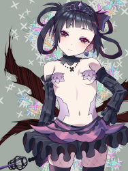 Rule 34 | 1girl, black gloves, black hair, black thighhighs, blunt bangs, breasts, brown eyes, cleavage, collar, collarbone, commentary request, detached sleeves, earrings, eyes visible through hair, fishnet thighhighs, fishnets, frilled skirt, frills, gloves, hair rings, hand on own hip, head tilt, highres, holding, holding staff, ikemori up, jewelry, long hair, looking at viewer, midriff, navel, necklace, sidelocks, simple background, six heart princess, skirt, small breasts, solo, staff, teiue tamaki, thighhighs, tiara, wings, zettai ryouiki
