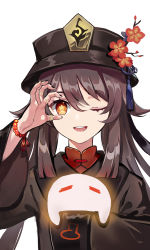 Rule 34 | 1girl, ;d, bead bracelet, beads, black hat, black nails, bracelet, brown hair, cang yan, closed eyes, flower, genshin impact, ghost, hat, highres, hu tao (genshin impact), jewelry, long sleeves, looking at viewer, nail polish, one eye closed, open mouth, revision, ring, simple background, smile, solo, thumb ring, top hat, twintails, white background