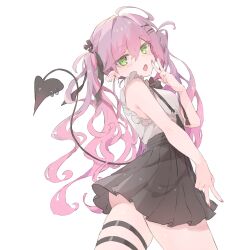 Rule 34 | 1girl, ahoge, breasts, demon tail, ear piercing, fang, green eyes, hair ornament, hairpin, highres, hololive, long hair, looking at viewer, multicolored hair, nekonika (e102k), official alternate costume, open mouth, piercing, pink hair, purple hair, skin fang, small breasts, smile, solo, streaked hair, tail, thighs, tokoyami towa, tokoyami towa (jirai kei), twintails, v, virtual youtuber, x hair ornament