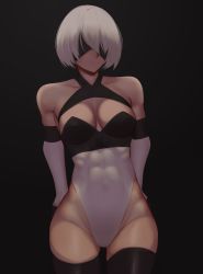 Rule 34 | 1girl, abs, absurdres, adapted costume, alternate costume, bare shoulders, black background, black legwear, blindfold, breasts, cleavage, elbow gloves, gloves, highres, leotard, medium breasts, muscular, muscular female, nier (series), nier:automata, short hair, toned, white gloves, white hair, wide hips, 2b (nier:automata), zaki (zaki btw)