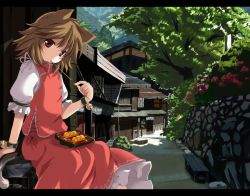 Rule 34 | 1girl, animal ears, bad id, bad pixiv id, bell, brown eyes, brown hair, building, cat ears, cat girl, cat tail, chen, eating, female focus, food, letterboxed, mouth hold, nejime, scenery, short hair, sitting, solo, tail, takoyaki, touhou, wristband