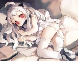 Rule 34 | 10s, 1girl, abyssal ship, ahoge, alternate costume, ass, bad id, bad pixiv id, book, highres, horns, kantai collection, lying, mary janes, nekotewi, northern ocean princess, pale skin, panties, panty pull, red eyes, shoes, solo, thighhighs, underwear, white hair, white panties, white thighhighs, wristband