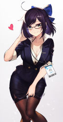 Rule 34 | 1girl, a-chan (hololive), ahoge, alternate breast size, bad id, bad pixiv id, badge, black-framed eyewear, black hair, black pantyhose, black skirt, black thighhighs, blazer, blouse, blue bow, blush, bow, breasts, character name, cleavage, closed mouth, collarbone, collared shirt, copyright name, earrings, eyebrows hidden by hair, fishnet thighhighs, fishnets, formal, glasses, gradient background, green eyes, grey background, hair bow, half updo, hand in own hair, heart, highres, hololive, jacket, jewelry, jun wei, knees together feet apart, large breasts, looking at viewer, office lady, pantyhose, pencil skirt, popped collar, shirt, shirt tucked in, short hair, skirt, skirt suit, smile, solo, standing, suit, swept bangs, taut clothes, taut shirt, thighhighs, thighs, tie clip, virtual youtuber, white shirt
