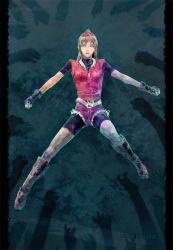 Rule 34 | 1girl, belt, bike shorts, blue eyes, boots, breasts, brown hair, claire redfield, denim, fingerless gloves, full body, gloves, long hair, looking at viewer, medium breasts, open mouth, ponytail, resident evil, resident evil 2, sidelocks, solo, tamago tomato