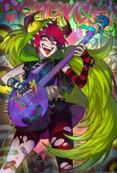 Rule 34 | 1girl, absurdres, crazy eyes, crazy smile, demencia, guitar, highres, instrument, long hair, looking at viewer, multicolored hair, sharp teeth, single thighhigh, skirt, smile, striped clothes, striped thighhighs, teeth, thighhighs, very long hair, villainous