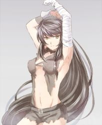 Rule 34 | 1girl, armpits, arms up, bandaged arm, bandages, belt, belt buckle, black hair, braid, breasts, brown eyes, buckle, cleavage, closed mouth, cowboy shot, floating hair, grey background, grey shorts, hair over shoulder, long hair, looking at viewer, medium breasts, midriff, mishiro (andante), navel, official alternate costume, short shorts, shorts, sideboob, simple background, solo, standing, stomach, swept bangs, tales of (series), tales of berseria, torn clothes, torn shorts, velvet crowe, very long hair