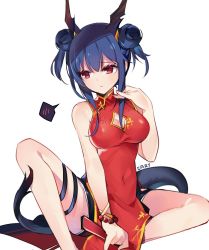 Rule 34 | 1girl, arknights, blue hair, bracelet, breasts, cary, ch&#039;en (ageless afterglow) (arknights), ch&#039;en (arknights), china dress, chinese clothes, cleavage, cleavage cutout, clothing cutout, covered navel, double bun, dragon horns, dragon tail, dress, folded fan, folding fan, hand fan, highres, holding, holding fan, horns, jewelry, medium breasts, official alternate costume, red dress, red eyes, short hair, simple background, sitting, sleeveless, sleeveless dress, solo, spoken blush, tail, white background