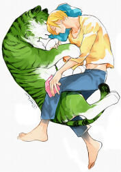 Rule 34 | 2boys, absurdres, animalization, artist name, barefoot, blue pants, book, closed eyes, collarbone, commentary, cuddling, curled up, curly eyebrows, english commentary, facial hair, full body, green fur, hand on another&#039;s arm, highres, light smile, long bangs, male focus, multiple boys, one piece, pants, pillow, roronoa zoro, sanji (one piece), shirt, short hair, short sleeves, simple background, sleeping, stubble, sweatpants, t-shirt, tiger, white background, yellow shirt, yuu shishio