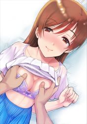Rule 34 | 1girl, blush, bra, grabbing another&#039;s breast, breasts, brown eyes, brown hair, cleavage, clothes lift, commentary request, frilled shirt, frills, grabbing, half-closed eyes, happy, idolmaster, idolmaster cinderella girls, looking at viewer, medium breasts, nitta minami, outstretched arms, pov, shiroyukimajima, shirt, shirt lift, short sleeves, skirt, smile, underwear