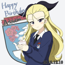 Rule 34 | 10s, 1girl, assam (girls und panzer), black necktie, black ribbon, blonde hair, blue eyes, blue sweater, blush, character name, closed mouth, cup, dated, dress shirt, emblem, english text, girls und panzer, hair pulled back, hair ribbon, happy birthday, head tilt, holding, holding cup, ichinose jun, light blush, long hair, long sleeves, looking at viewer, necktie, ribbon, saucer, school uniform, shirt, simple background, smile, solo, st. gloriana&#039;s (emblem), st. gloriana&#039;s school uniform, steam, sweater, teacup, upper body, v-neck, white background, white shirt, wing collar