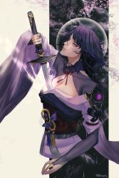 Rule 34 | 1girl, armor, braid, breasts, bridal gauntlets, cleavage, closed mouth, commentary, electricity, english commentary, from side, genshin impact, highres, holding, holding sword, holding weapon, human scabbard, japanese clothes, katana, kimono, large breasts, long hair, looking at viewer, nail polish, purple eyes, purple hair, raiden shogun, ribbon, sarah (tropicoola), sash, sheath, shoulder armor, solo, sword, symbol-only commentary, tassel, unsheathing, weapon, white background, wide sleeves