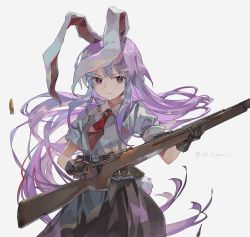 Rule 34 | 1girl, animal ears, artist name, black skirt, blouse, bolt action, brown gloves, closed mouth, collared shirt, commentary request, cowboy shot, floating hair, gloves, grey background, gun, highres, holding, holding gun, holding weapon, light purple hair, long hair, looking at viewer, mauser 98, medium skirt, necktie, rabbit ears, rabbit girl, rabbit tail, red eyes, red necktie, reisen udongein inaba, reloading, rifle, shell casing, shihou (g-o-s), shirt, short sleeves, sidelocks, simple background, skirt, solo, tail, touhou, very long hair, weapon, weapon request, white shirt, wing collar