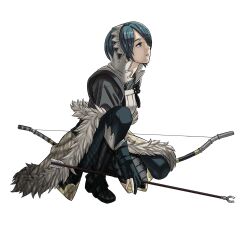 Rule 34 | 1girl, aqua eyes, aqua hair, armor, arrow (projectile), black footwear, black gloves, boots, bow (weapon), commentary request, fire emblem, fire emblem fates, full body, fur trim, gloves, hair over one eye, hairband, highres, holding, holding bow (weapon), holding weapon, japanese armor, japanese clothes, nintendo, on one knee, one eye covered, parted lips, partially fingerless gloves, peacefulandflat, setsuna (fire emblem), simple background, solo, weapon, white background, white hairband