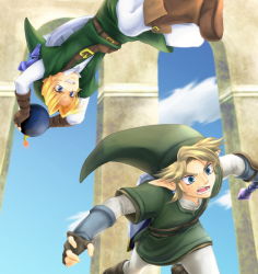 Rule 34 | 2boys, arch, belt, blonde hair, blue eyes, bomb, chikuwa (rinka), cloud, day, dual persona, earrings, explosive, gloves, grin, hat, holding, holding sword, holding weapon, jewelry, link, male focus, master sword, multiple boys, nintendo, pointy ears, rinka115, shield, shield on back, sky, smile, sword, the legend of zelda, the legend of zelda: ocarina of time, the legend of zelda: twilight princess, weapon