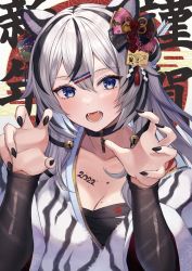 Rule 34 | 1girl, 2022, absurdres, animal ears, black choker, black hair, black nails, blue eyes, blush, body writing, breasts, chest sarashi, choker, claw pose, cleavage, collarbone, commentary request, fangs, hair between eyes, hair ornament, hairclip, happy new year, highres, kurousagi yuu, long sleeves, looking at viewer, lower teeth only, multicolored hair, nail polish, new year, open mouth, original, paw print, sarashi, solo, streaked hair, teeth, tiger stripes, upper body, white hair