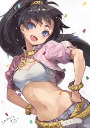 Rule 34 | 1girl, belt, black hair, blue eyes, bracelet, breasts, commentary request, crop top, cropped jacket, dated, denim, denim shorts, fang, floating hair, flying sweatdrops, ganaha hibiki, hair ornament, hands on own hips, head tilt, high ponytail, highres, idolmaster, idolmaster (classic), jacket, jewelry, long hair, looking at viewer, midriff, navel, necklace, open mouth, pink jacket, ponytail, shorts, simple background, small breasts, solo, suzuno (bookshelf), sweat