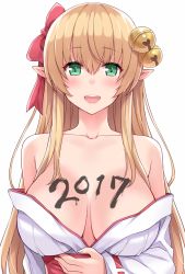 Rule 34 | 1girl, 2017, :d, amane hasuhito, bad id, bad pixiv id, bare shoulders, bell, blonde hair, blush, body writing, bow, breasts, collarbone, green eyes, hair bell, hair bow, hair ornament, hair ribbon, japanese clothes, jingle bell, large breasts, long hair, long sleeves, looking at viewer, meikyuu tansaku dragon princess, off shoulder, open mouth, pointy ears, red bow, ribbon, ribbon-trimmed sleeves, ribbon trim, smile, solo, teeth, upper body, wide sleeves