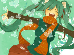 Rule 34 | 1girl, asari toko, bad id, bad pixiv id, closed eyes, green hair, hatsune miku, long hair, open mouth, outstretched arms, scarf, solo, spread arms, twintails, very long hair, vest, vocaloid