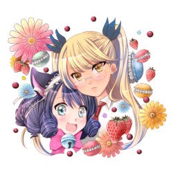 Rule 34 | 10s, 2girls, :d, animal ears, black hair, blonde hair, cat ears, curly hair, cyan (show by rock!!), flower, food, fruit, glasses, green eyes, hair ribbon, hairband, highres, long hair, looking at viewer, macaron, multiple girls, open mouth, portrait, retoree (show by rock!!), ribbon, short hair, show by rock!!, simple background, smile, strawberry, twintails, white background, yellow eyes, yuri