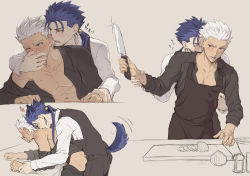 Rule 34 | 2boys, anal, animal ears, apron, archer (fate), bent over, black apron, black pants, black shirt, black vest, blue hair, blush, collarbone, covering another&#039;s mouth, cu chulainn (fate), cu chulainn (fate/stay night), dark-skinned male, dark skin, earrings, fate/stay night, fate (series), hand over another&#039;s mouth, hand up, heart, highres, holding, holding knife, jewelry, kemonomimi mode, knife, long hair, long sleeves, male focus, male penetrated, mondi hl, multiple boys, one eye closed, onion, open mouth, pants, pectorals, ponytail, sex, shirt, tail, translation request, vest, white hair, white shirt, wolf ears, wolf tail, yaoi