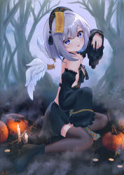 Rule 34 | 1girl, :p, amane kanata, angel, angel wings, bare shoulders, black footwear, black nails, black thighhighs, blue hair, bob cut, boots, breasts, colored inner hair, detached sleeves, detached wings, feathered wings, fingernails, forest, fue (lars0713), full body, halloween, highres, hololive, jiangshi, long fingernails, looking at viewer, mini wings, miniskirt, multicolored hair, nail polish, nature, ofuda, outstretched arms, pink hair, pumpkin, purple eyes, short hair, silver hair, sitting, skirt, sleeves past fingers, sleeves past wrists, small breasts, smile, solo, streaked hair, thighhighs, tongue, tongue out, virtual youtuber, wariza, white wings, wings, zombie pose
