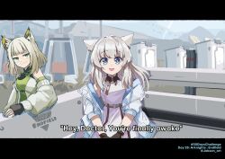Rule 34 | 2girls, animal ear fluff, animal ears, arknights, arknights: endfield, bare shoulders, black gloves, blue eyes, blue jacket, breasts, closed mouth, commentary request, copyright name, dress, english text, gloves, grey hair, highres, jacket, letterboxed, long hair, looking at viewer, medium breasts, meme, multiple girls, off shoulder, open clothes, open jacket, open mouth, orange eyes, outdoors, perlica (arknights), sleepyowl (jobkung15), sleeveless, sleeveless dress, small breasts, smile, smug, the elder scrolls, the elder scrolls v: skyrim, twitter username, upper body, white dress, you&#039;re finally awake (meme)