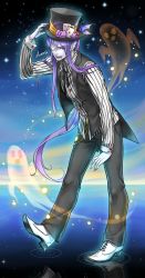 Rule 34 | 1boy, absurdres, bad id, bad pixiv id, card, eyepatch, fangs, full body, ghost, hat, highres, kamui gakupo, long hair, looking at viewer, male focus, nail polish, open mouth, pale skin, pointy ears, ponytail, purple hair, red nails, shamisonisu, sky, smile, solo, star (sky), starry sky, tongue, tongue out, top hat, very long hair, vocaloid