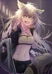 Rule 34 | 1girl, 1other, absurdres, animal ears, arknights, bandeau, black jacket, black shorts, blood, commentary request, cowboy shot, grey eyes, grey hair, grin, hair between eyes, highres, holding, holding sword, holding weapon, hood, indoors, jacket, lappland (arknights), long hair, long sleeves, mask, midriff, navel, renkon logistics, reunion soldier (arknights), sharp teeth, shorts, smile, standing, stomach, strapless, sword, teeth, tube top, very long hair, weapon, wolf ears