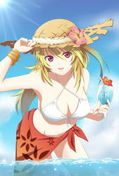 Rule 34 | 1girl, :d, bikini, blonde hair, bracelet, breasts, cleavage, cloud, criss-cross halter, day, drink, drinking straw, front-tie top, halterneck, halterneck, hat, highres, holding, holding clothes, holding hat, jewelry, kure~pu, large breasts, leaning forward, long hair, looking at viewer, milla maxwell, official alternate costume, open mouth, red eyes, sarong, sky, smile, solo, sunlight, swimsuit, tales of (series), tales of xillia, wading, water, white bikini