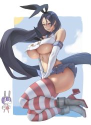 Rule 34 | 2girls, absurdly long hair, bare shoulders, blue sailor collar, blue skirt, blue sky, blush, bob cut, breasts, buttons, chibi, chibi inset, cosplay, crop top, crop top overhang, elbow gloves, embarrassed, eu03, fate/grand order, fate (series), gloves, hairband, huge breasts, kantai collection, long hair, low-tied long hair, microskirt, minamoto no raikou (fate), multiple girls, navel, open mouth, parted bangs, pleated skirt, purple eyes, purple hair, red legwear, rudder footwear, sailor collar, shimakaze (kancolle), shimakaze (kancolle) (cosplay), short hair, shuten douji (fate), skirt, sky, striped clothes, striped legwear, striped thighhighs, thighhighs, underboob, very long hair, wavy mouth, white gloves