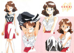 Rule 34 | 1girl, armpits, arms up, breasts, brown eyes, brown hair, character name, cleavage, closed eyes, earrings, highres, jewelry, kaori (super real mahjong), large breasts, looking at viewer, marker (medium), mole, mole under eye, multiple views, official art, open mouth, page number, retro artstyle, short hair, skirt, smile, spaghetti strap, super real mahjong, tanaka ryou, traditional media, undressing