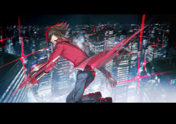 Rule 34 | 1boy, black shirt, blue pants, brown hair, city, city lights, cityscape, clenched teeth, commentary request, duel academy uniform (yu-gi-oh! gx), duel disk, full body, green eyes, hair between eyes, highres, jacket, letterboxed, long sleeves, looking at viewer, male focus, moribuden, motion blur, multicolored hair, night, pants, pouch, red jacket, shirt, shoes, short hair, solo, teeth, two-tone hair, yu-gi-oh!, yu-gi-oh! gx, yuki judai