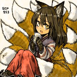 Rule 34 | 1girl, animal ears, animal hands, brown hair, character name, cup, fox ears, fox girl, fox tail, kitsune, korean clothes, kyuubi, long hair, monster girl, multiple tails, open mouth, scp-953, scp foundation, sitting, solo, tail, yellow eyes