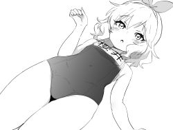 Rule 34 | belly, blush, bow, breasts, clenched hand, crotch, eyelashes, from below, greyscale, hair bow, headband, idolmaster, idolmaster cinderella girls, minazuki tooru, monochrome, name tag, navel, open mouth, sakurai momoka, school swimsuit, simple background, small breasts, solo, swimsuit, thighs, wavy hair