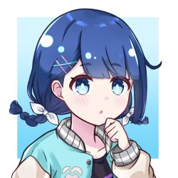Rule 34 | 1girl, :o, black shirt, blue background, blue eyes, blue hair, blush, border, bow, braid, clenched hand, collarbone, commentary request, hair bow, hair ornament, hand up, iwamotochou geinousha, ixia (ixia424), jacket, letterman jacket, long sleeves, looking at viewer, marpril, open clothes, open jacket, outside border, shirt, short hair, solo, twin braids, upper body, virtual youtuber, white border, white bow, yata touka