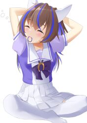 Rule 34 | 1girl, adjusting hair, animal ears, ao komhur, arms up, blush, bow, brown hair, closed eyes, colored inner hair, commentary request, daitaku helios (umamusume), ear covers, hair down, hair tie, highres, horse ears, horse girl, indian style, long hair, mouth hold, multicolored hair, pleated skirt, puffy short sleeves, puffy sleeves, purple bow, purple shirt, sailor collar, school uniform, shirt, short sleeves, simple background, sitting, skirt, smile, solo, streaked hair, summer uniform, thighhighs, tracen school uniform, umamusume, white background, white skirt, white thighhighs