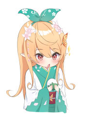 Rule 34 | 1girl, absurdres, blonde hair, blush, commentary request, cropped torso, flower, food, green kimono, green ribbon, hair between eyes, hair flower, hair ornament, hair ribbon, highres, holding, holding food, japanese clothes, kimono, long hair, long sleeves, mochi, nijisanji, nijisanji en, obi, open mouth, pink flower, pointy ears, pomu rainpuff, red eyes, ribbon, roido (taniko-t-1218), sash, simple background, solo, sparkle, upper body, very long hair, virtual youtuber, white background, white flower, wide sleeves
