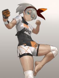 Rule 34 | 1girl, aqua eyes, barefoot, bea (pokemon), black bodysuit, black hairband, bodysuit, bodysuit under clothes, breasts, clenched hands, collared shirt, commentary request, covered navel, creatures (company), dark-skinned female, dark skin, dynamax band, game freak, gloves, grey hair, gym leader, hair between eyes, hairband, highres, knee pads, looking at viewer, nintendo, pokemon, pokemon swsh, print shirt, print shorts, qtaro mighty, shirt, short hair, short sleeves, shorts, single glove, solo, tied shirt, toes