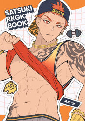 Rule 34 | 1boy, abs, arm tattoo, bangs pinned back, baseball cap, chain necklace, chest tattoo, closed mouth, clothes lift, commentary request, ear piercing, grid background, hao (haozz), hat, head tilt, hip tattoo, ito satsuki, jewelry, light blush, looking at viewer, male focus, necklace, nipples, orange eyes, orange hair, orange shirt, paradox live, pectorals, piercing, shirt, shirt lift, short hair, shoulder tattoo, shy, solo, sticker, tank top, tattoo, toned, toned male, upper body, very short hair