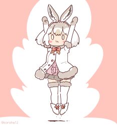 Rule 34 | 1girl, animal ears, arms up, bow, bowtie, coroha, elbow gloves, extra ears, full body, gloves, grey hair, jacket, jumping, kemono friends, kemono friends 3, looking at viewer, mountain hare (kemono friends), pink background, rabbit ears, rabbit girl, shirt, shoes, short hair, simple background, skirt, solo, thighhighs