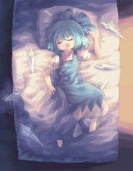 Rule 34 | 1girl, alternate wings, barefoot, blue hair, cirno, crystal, closed eyes, from above, ice, lying, nose bubble, on back, open mouth, orita enpitsu, saliva, sleeping, solo, touhou, untied, wings